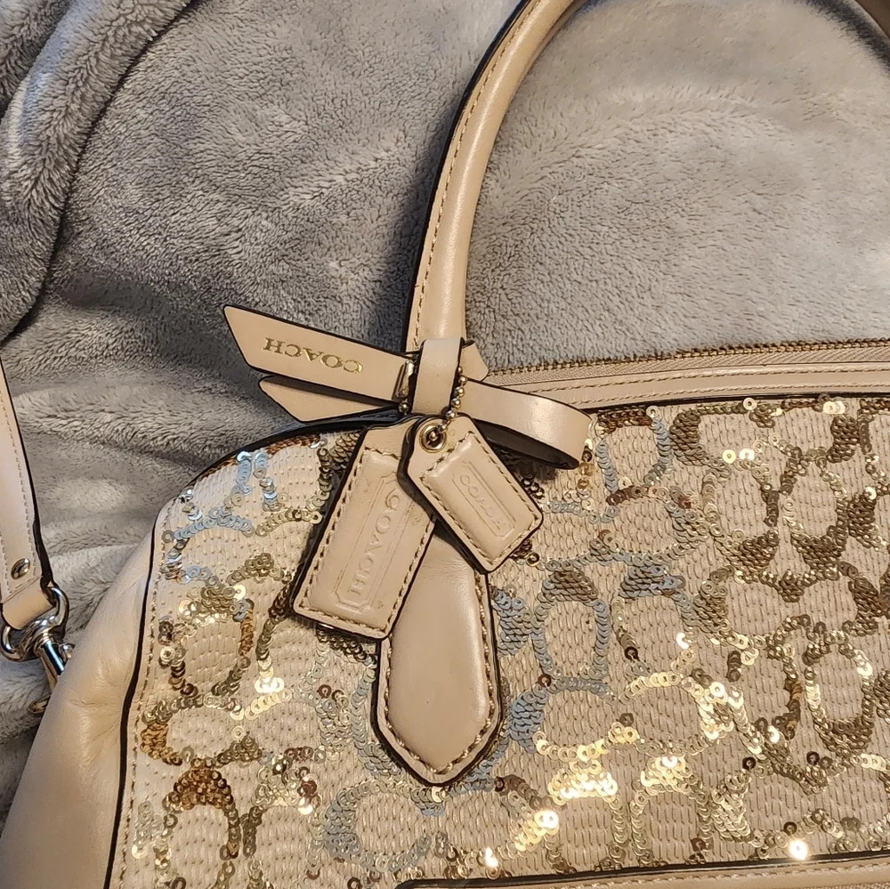 Coach Champagne Leather Gold Sequined Poppy Signature East West Satchel - Picture 4 of 9